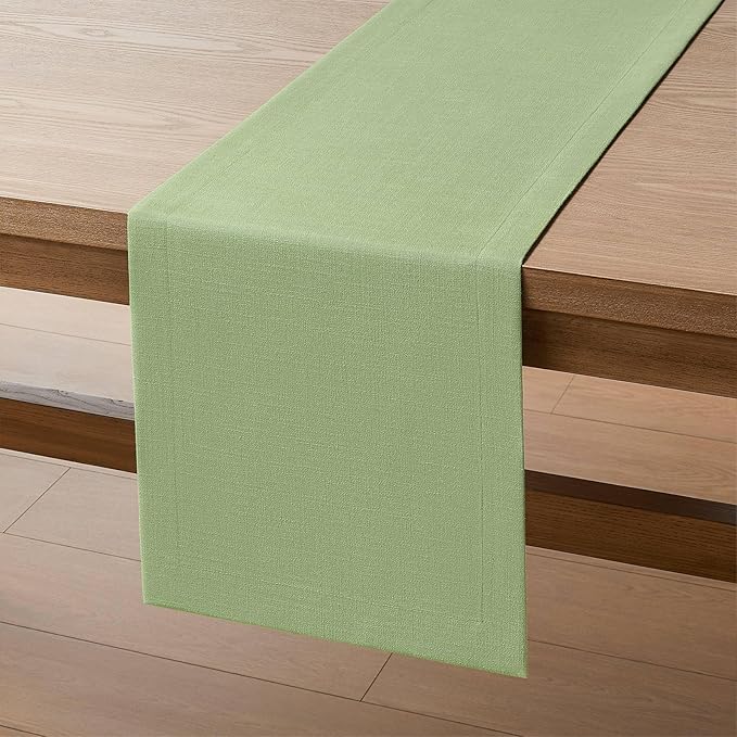 ZeeMart Linen Textured Border Table Runner, 14 x 48 Inch Green, Farmhouse Style Sage Green Table Runners 48 Inches Long, Easy Care Everyday Polyester Table Runner