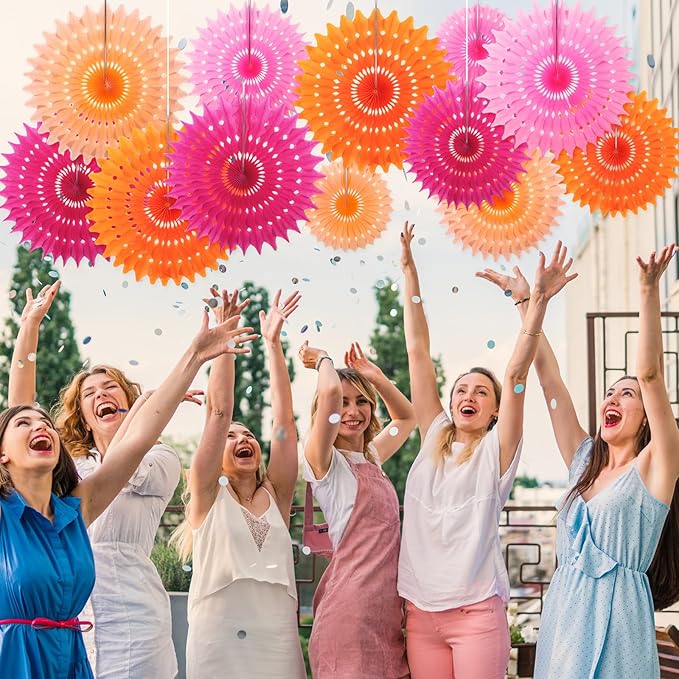 Outus 12 Pcs Hanging Honeycomb Paper Fans Sets, Fiesta Pink and Orange Party Decorations, Tissue Paper Flowers Supplies for Birthday Wall Classroom Wedding Bridal Photo Backdrop (14/10/6 Inch)