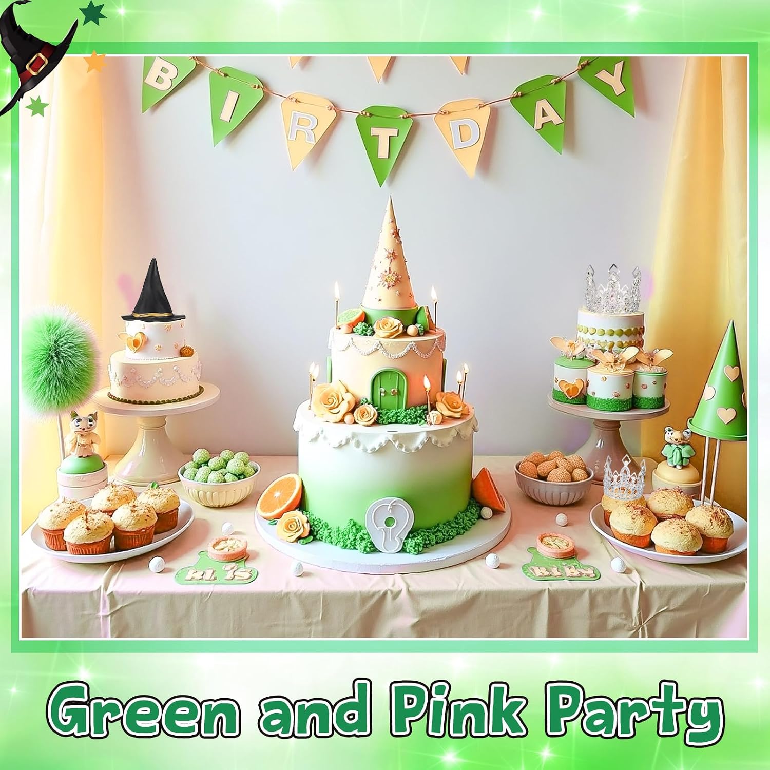 Reallnaive Witch Theme Party Cake Decoration Silver Crown Black Witch Hat Cake Topper Supplies for Movie Theme Party Princess Birthday Pink and Green Celebration Decoration(Rhombus Crown)