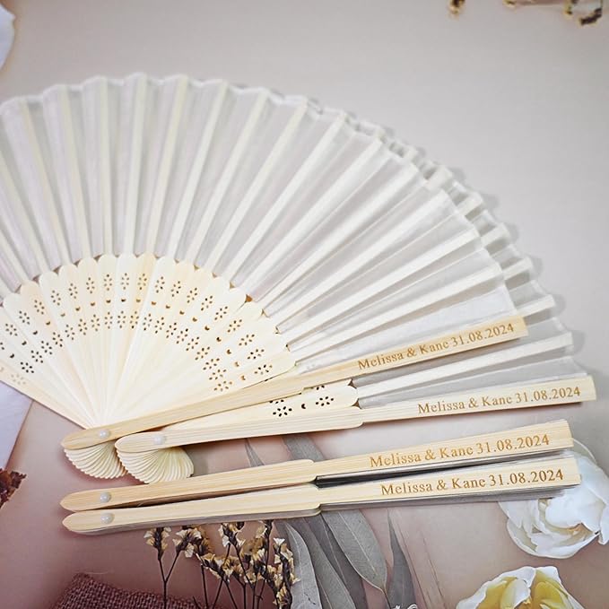 90 Set Personalized Cream Wedding Fans for Guests Bulk, Custom Engraved Summer Wedding Fans, Silk Hand Fans Handheld Folded Fan Baby Shower Favors for Bridal Bridesmaid Gift Church Dancing Party