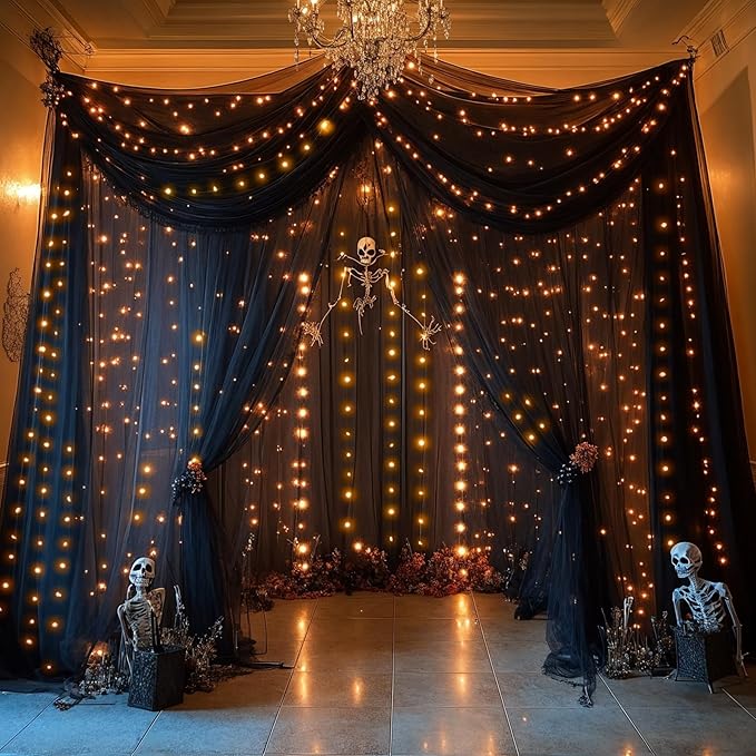 30×10ft Black Tulle Backdrop Curtain with Lights String for Parties, Sheer Curtain Backdrop Drapes for Wedding Party Photography Background