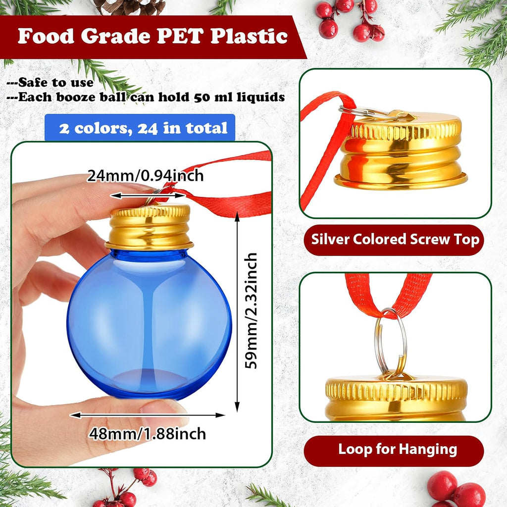 Patelai 24 Pcs Christmas Drink Balls Shot Glass Ornament Plastic Fillable Christmas Tree Ornaments Xmas Water Bottle Bulbs for Holiday Party Indoor Outdoor (Blue,Purple with Gold Lid)