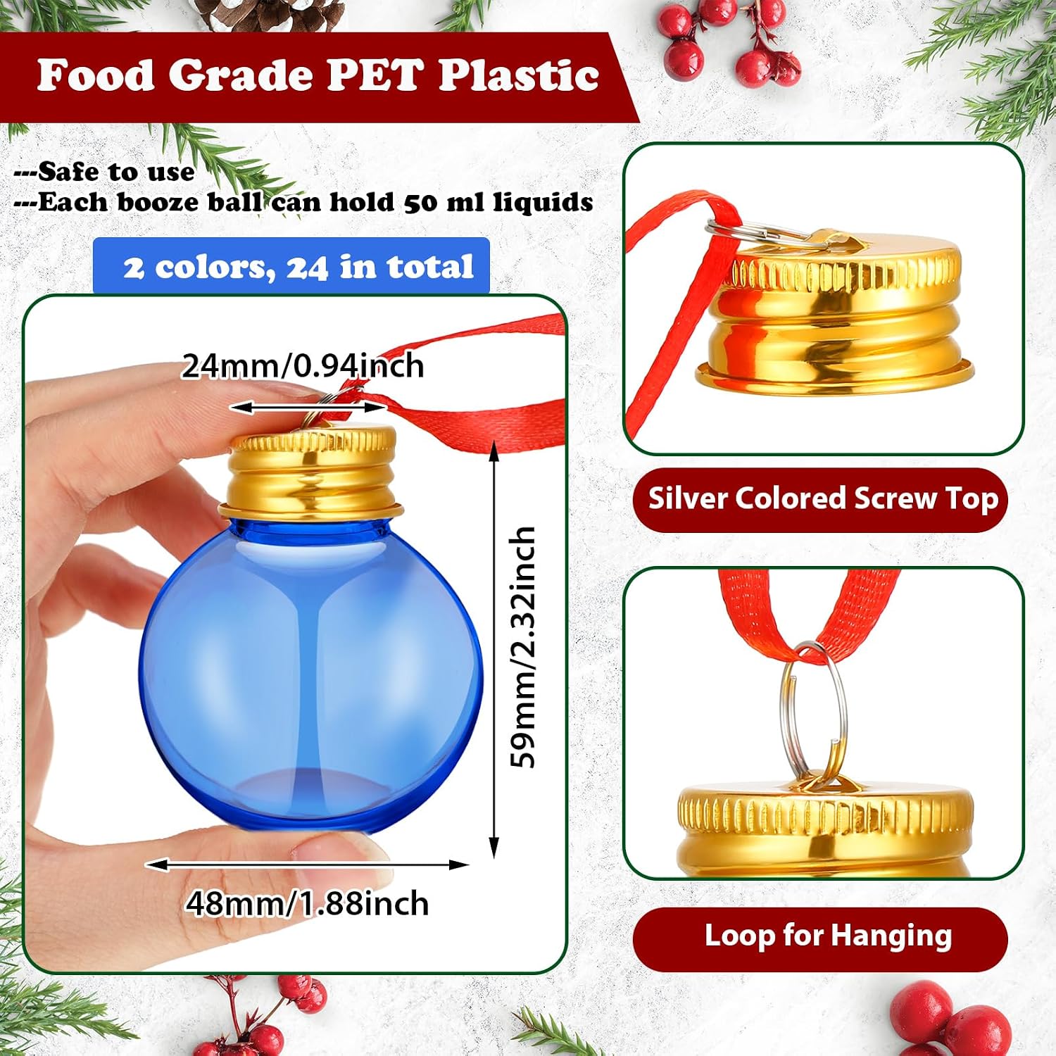 Patelai 24 Pcs Christmas Drink Balls Shot Glass Ornament Plastic Fillable Christmas Tree Ornaments Xmas Water Bottle Bulbs for Holiday Party Indoor Outdoor (Blue,Purple with Gold Lid)