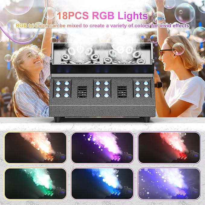 2000W Fog Machine, 3 in 1 Fog Bubble Machine with 2 Bubble Fans, 18 RGB LED Lights Smoke Bubble ALL IN ONE Fog Machine, Bubble Machine for Halloween Christmas Party Wedding Birthday