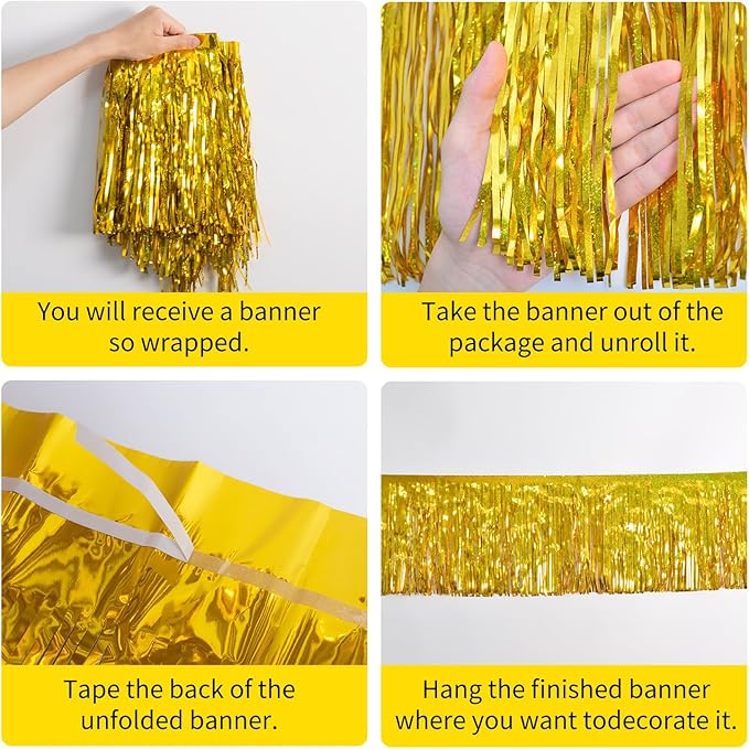 Laser Gold Christmas Decorations Tinsel Garland Parade Float Decorations for Trailer 4Pack 12FT Christmas Party Decor Ceiling Fringe Banner Gold Backdrop for Streamers Party Decorations