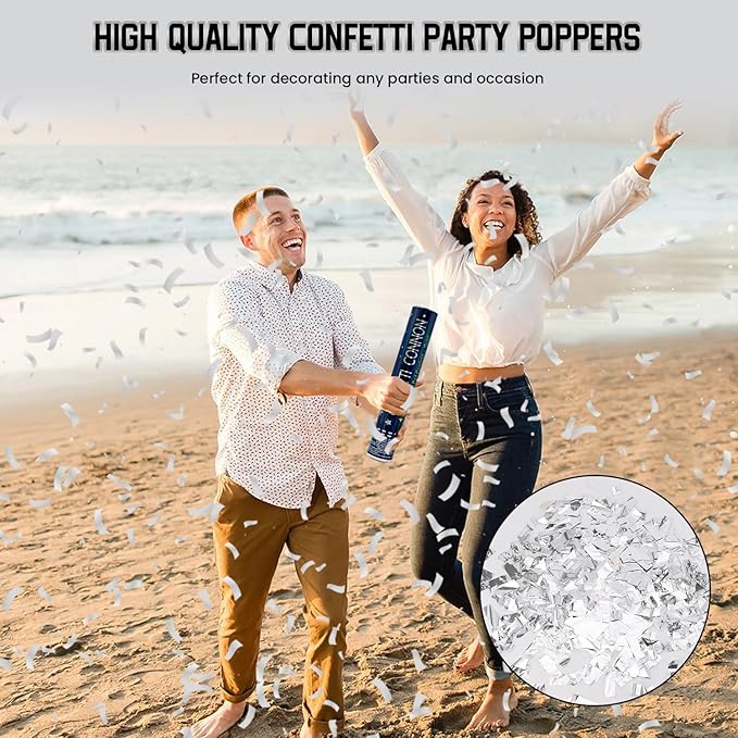 Party Poppers Confetti Cannon 12 Pack Silver Poppers 12 Inch Party Shooters Mylar Confetti Silver Foil Confetti Cannons Bulk for Wedding Birthday Graduation Baby Gender Reveal Christmas New Year