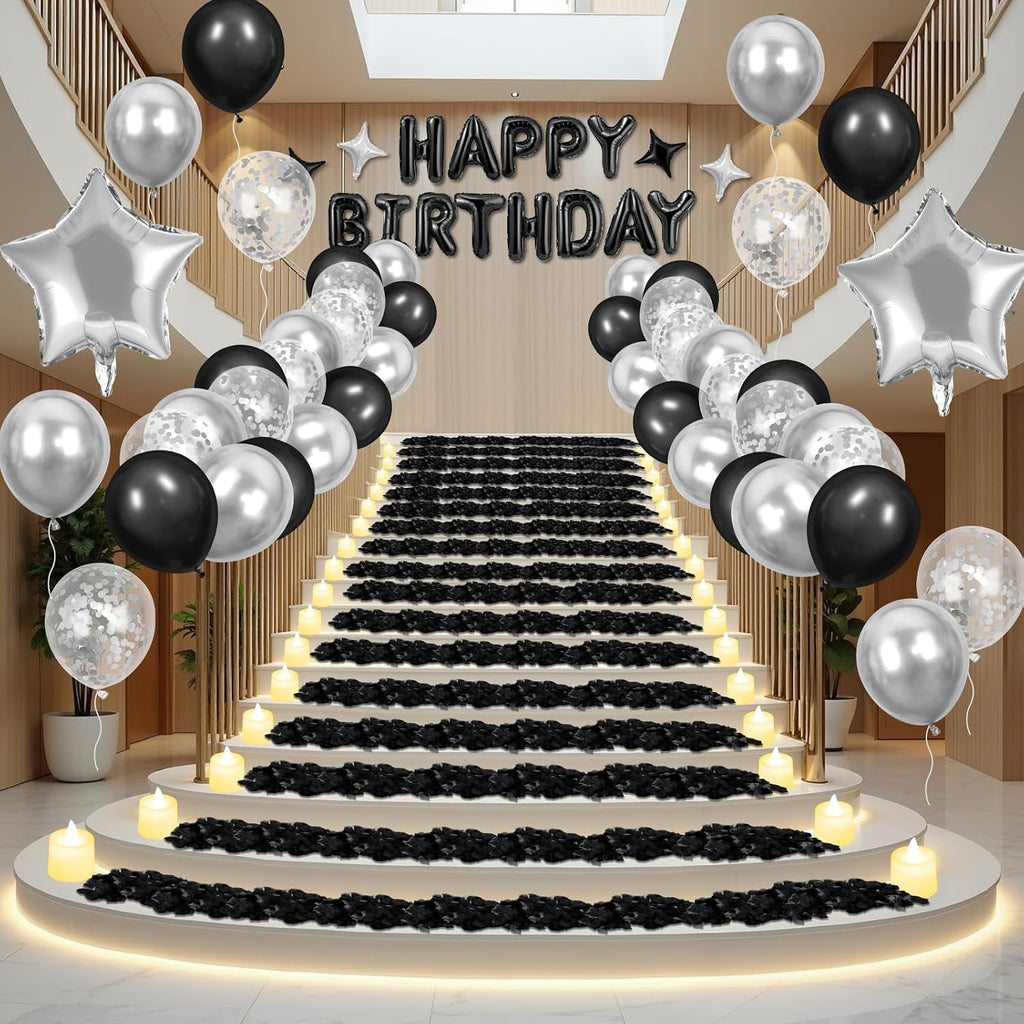 black happy birthday balloons decorations silver and black, close-up detail