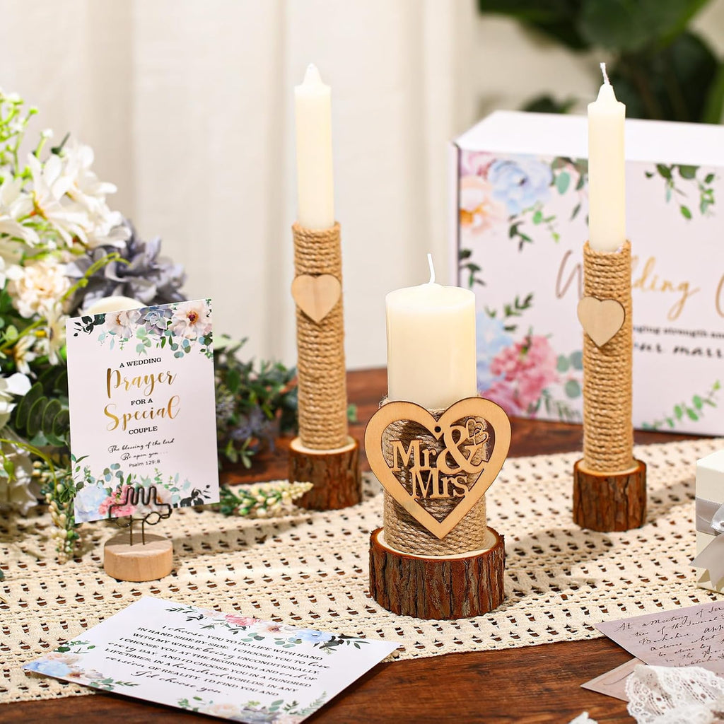 Conelist Unity Candles for Wedding Ceremony Set - 1 6.3" Pillar 2 9.8'' Taper Candles 2 Marriage Cards Wedding Candle with Holder for Rustic Romantic Ceremony Events Supplies(Retro)