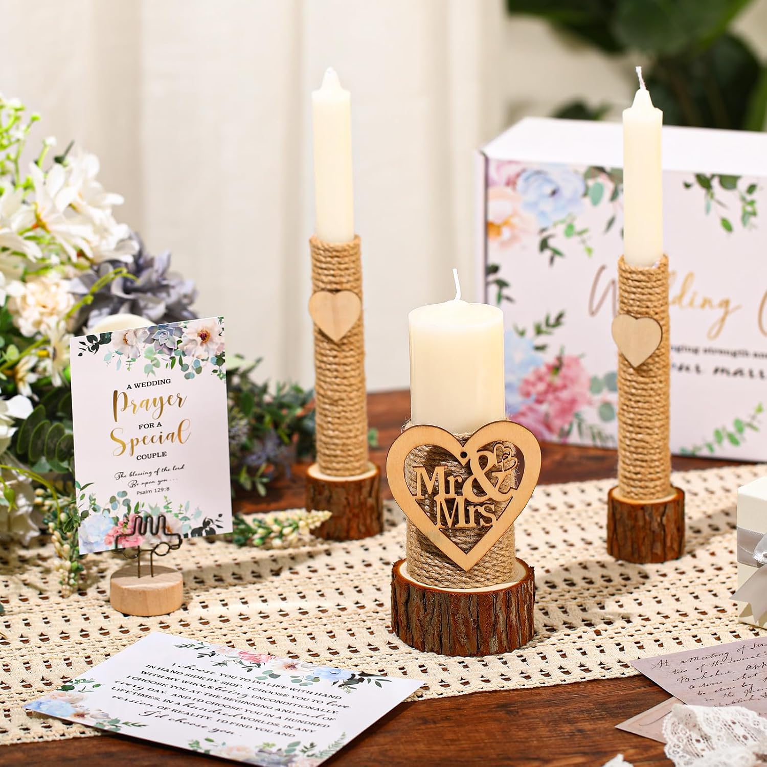 Conelist Unity Candles for Wedding Ceremony Set - 1 6.3" Pillar 2 9.8'' Taper Candles 2 Marriage Cards Wedding Candle with Holder for Rustic Romantic Ceremony Events Supplies(Retro)