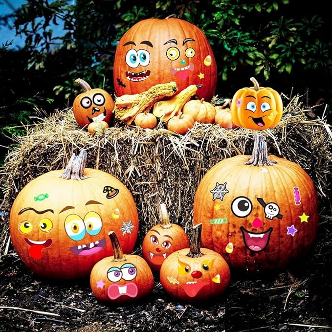 48Packs Pumpkin Decorating Kit, Make Your Own Small Pumpkin face Stickers, Halloween Pumpkin Decorating Stickers for Kids Halloween Party Favors