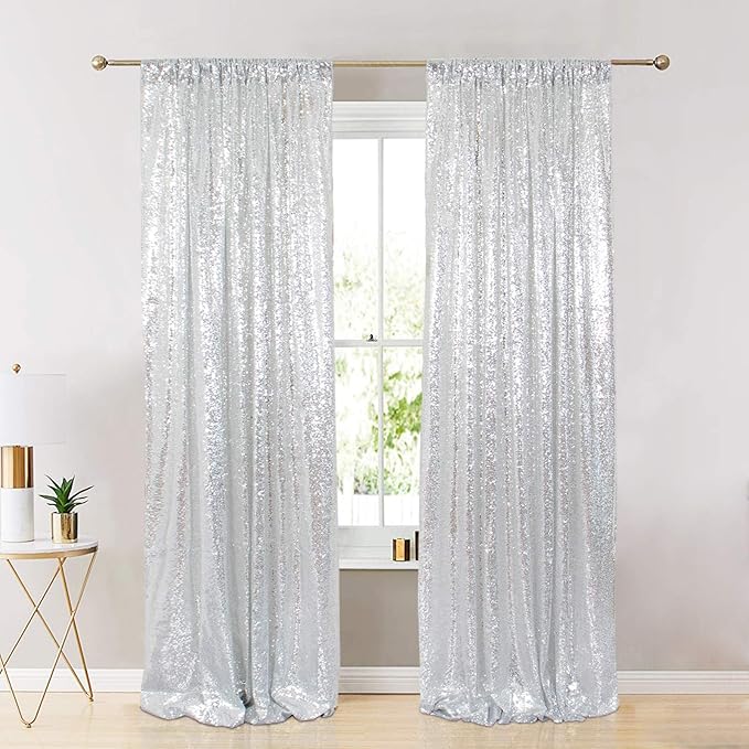 ShinyBeauty Silver and Blue Sequin Backdrop - 4 Pieces Shimmer Curtains Panels for Birthday, Party, Baby Shower, and Photo Backgrounds （2FTX8FT）