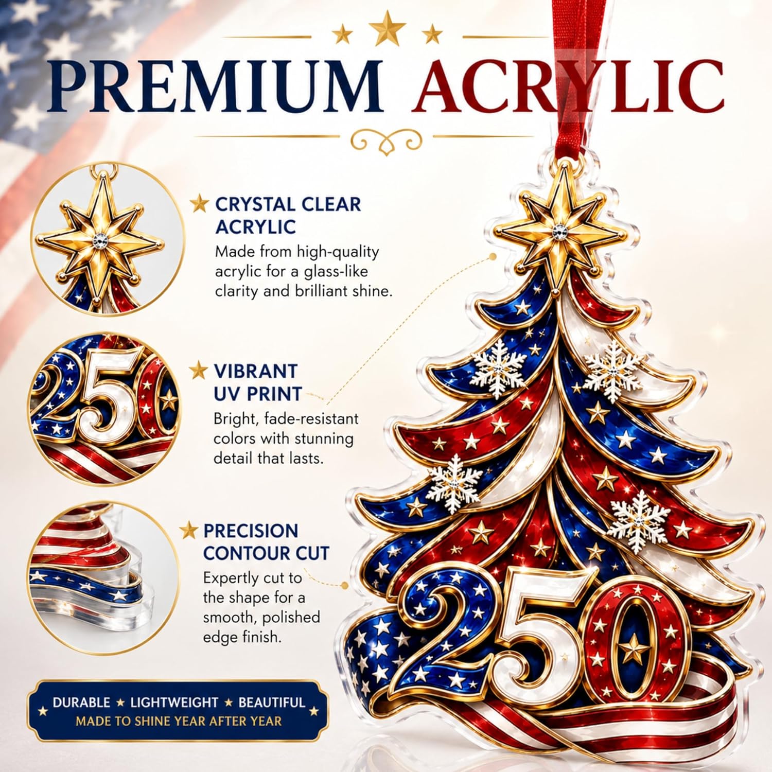 250 Anniversary USA Ornament, 1776-2026 2D Acrylic 250th Merchandise, USA America Anniversary Christmas Ornament, Fourth of July Decorations, Patriotic Decor, American Birthday Gifts