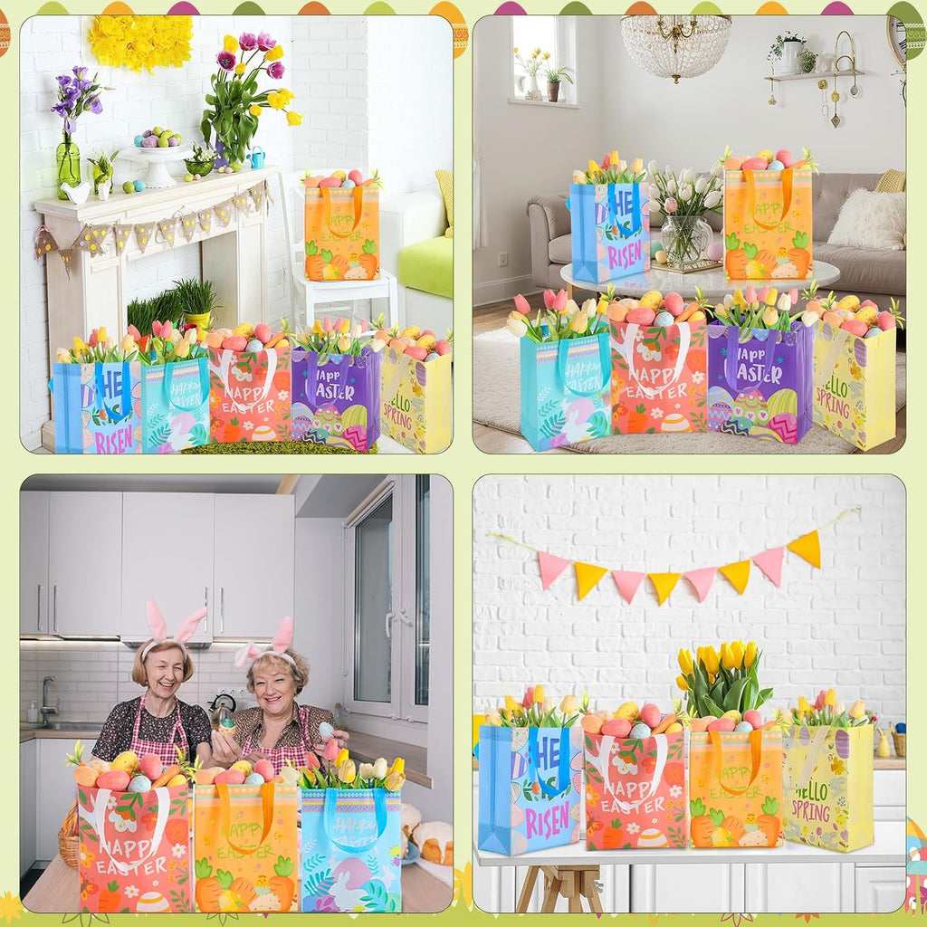 Clysee 12 Pcs Easter Gift Bags 10.2" x 8.3" Non Woven Easter Tote Bags with Handle Large Easter Bulk Treat Bags for Easter Holiday