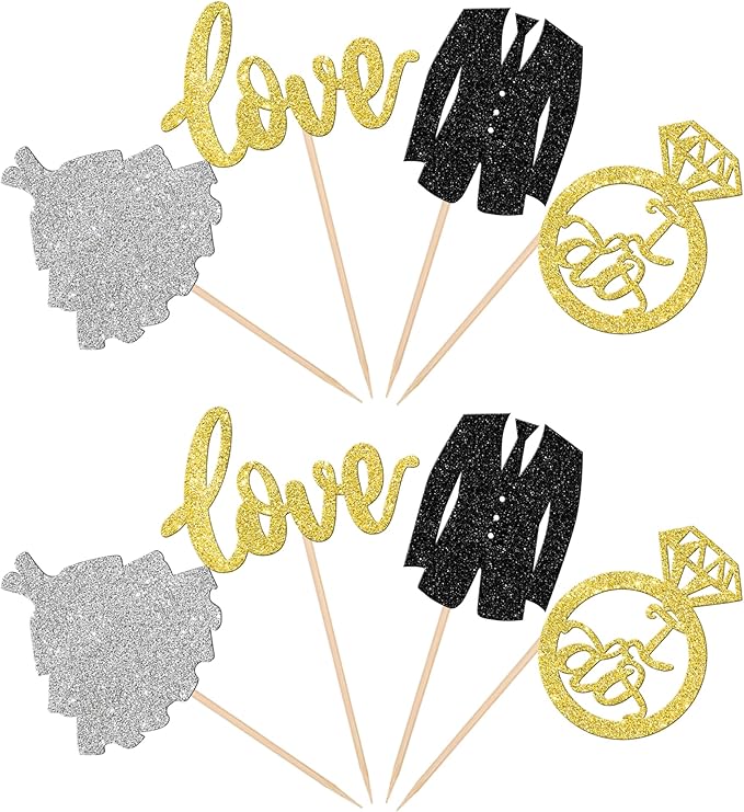 24 PCS Wedding Cupcake Toppers Glitter Bride and Groom Cupcake Picks Love I Do Ring Cupcake Decorations for Wedding Engagement Bridal Shower Theme Party Cake Decorations Supplies Gold