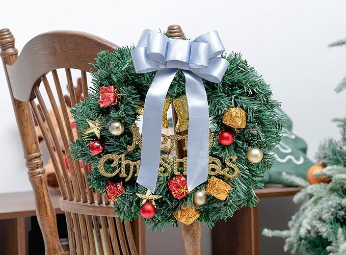 Light Blue Satin Wired Ribbon 1-1/2 Inch Double-Faced Sliver Glitter Christmas Ribbons for Wreath, Tree Decoration, Gift Wrapping, Home Decor 10 Yards