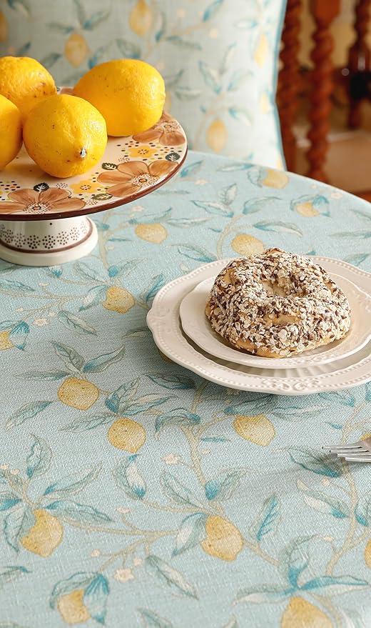 patdrea Designer Green Round Tablecloth,Vintage Linen Yellow Fruits Pattern Durable Table Cloth,Decor Table Cover Cloth for Kitchen Dining Christmas,Thanksgiving,Tea Party,Diameter 67"-Ania a