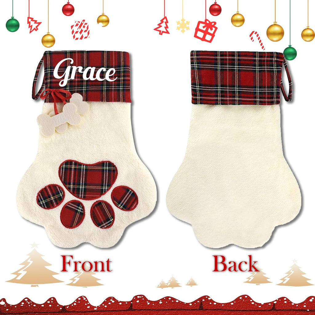 Personalized Dog Christmas Stocking, Custom Pet Paw Christmas Stocking with Name, Customized Xmas Stockings Plaid Cuff, Christmas Hanging Decor, Gifts for Dog, Cat, Pet, Kids, Family Set of 1
