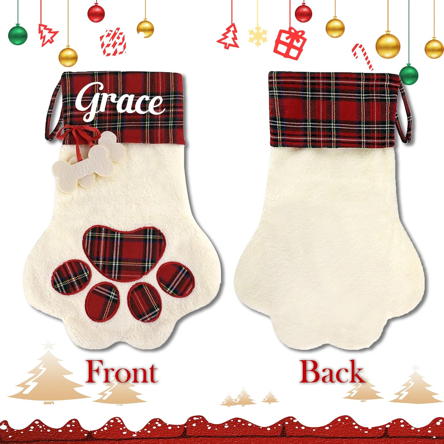Personalized Dog Christmas Stocking, Custom Pet Paw Christmas Stocking with Name, Customized Xmas Stockings Plaid Cuff, Christmas Hanging Decor, Gifts for Dog, Cat, Pet, Kids, Family Set of 1