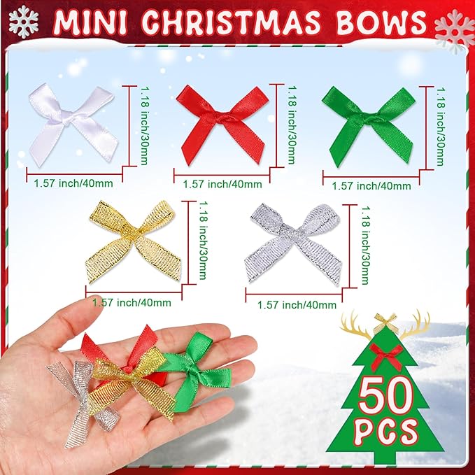 YGDZ Mini Bow Gift Wrapping Ribbons - 50 Pack, 5 Colors (Red, Green, Silver, Gold, White), Small Bow Ornaments for Crafts, Tree Decor & Gifts