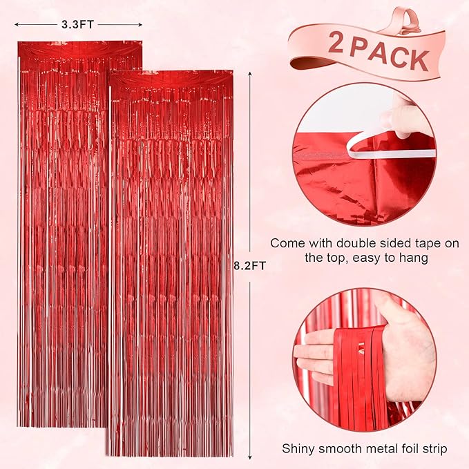2 Pack Laser Red Foil Fringe Backdrop Curtains, Tinsel Streamers Birthday Party Decorations, Fringe Backdrop for Graduation, Baby Shower, Gender Reveal, Disco Party