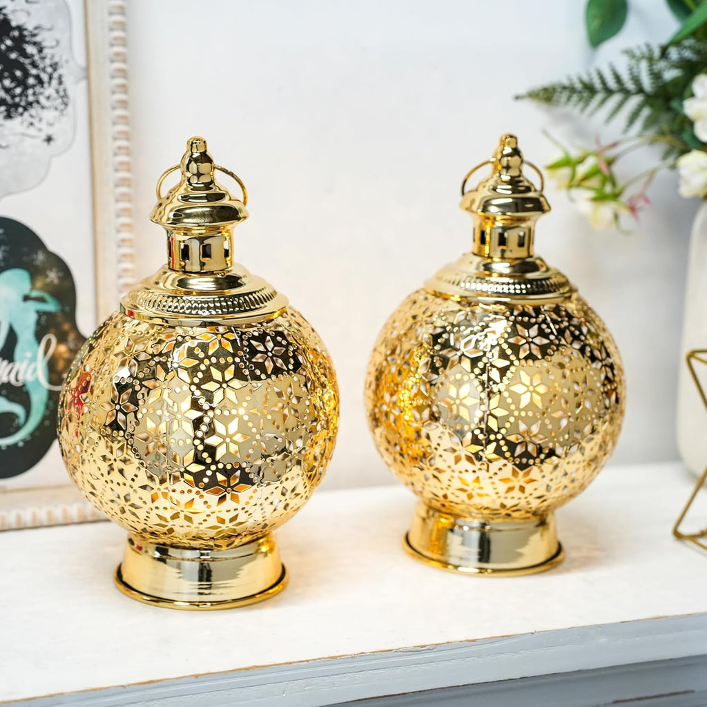 TRIROCKS Ramadan Lanterns Set of 2 10" Gold Electric Candle Holders with Timer, Metal Decorative Vintage Lanterns for Indoor/Outdoor Decor, Perfect EID Mubarak Gift