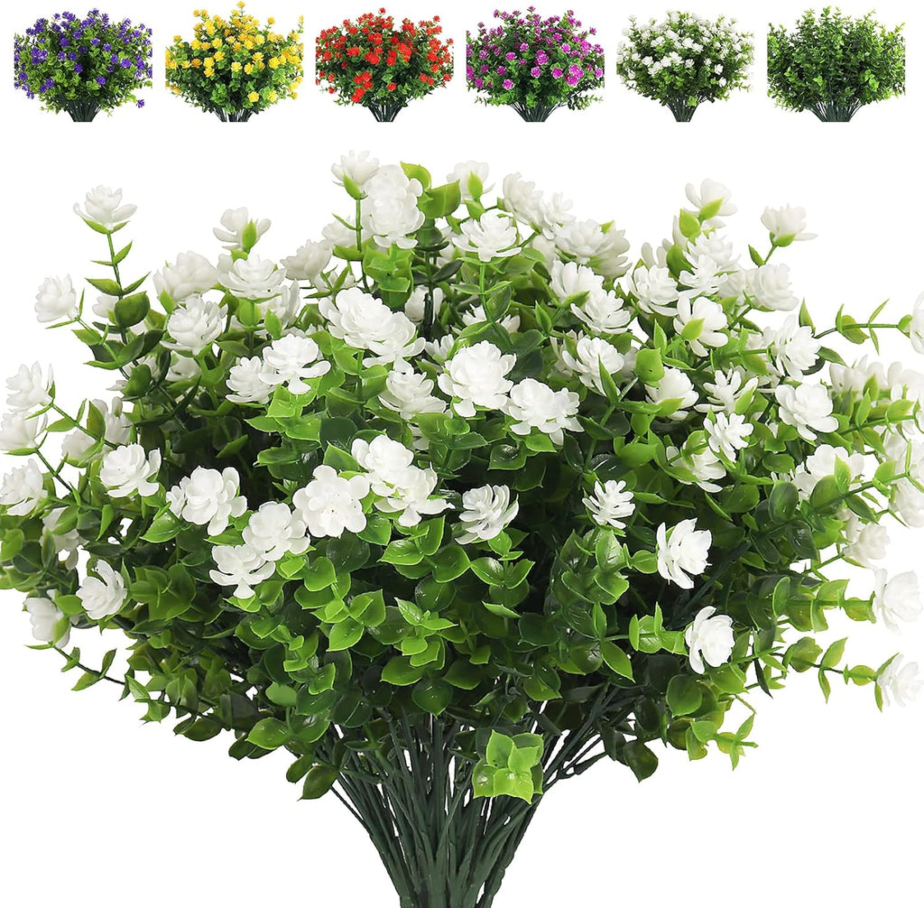 RECUTMS Artificial Flowers, Fake Boxwood Outdoor UV Resistant Plants Artificial Springs Flowers Eucalyptus Greenery Shrubs Bridal Wedding Bouquet for Home Garden Party Wedding Decoration,8Pcs(White)