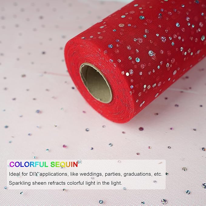 Glitter Tulle Rolls, 6' by 50 Yards (150FT) Sequin Tulle Netting Fabric for Tutu Skirts Sewing Birthday Wedding Party Decoration (Red)