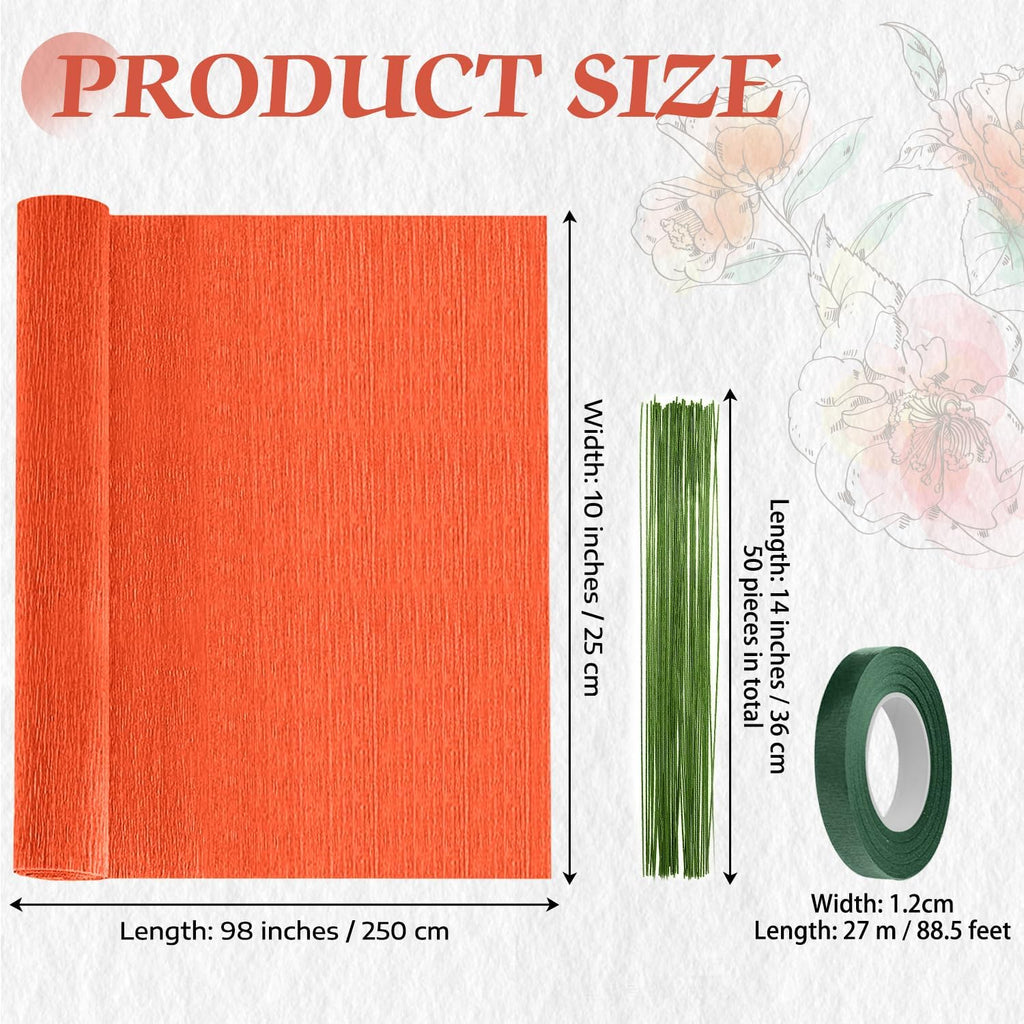 Mlurcu Crepe Paper - 6 Rolls, Red, 10 Inch Wide, Streamers, Flower Making Kits, Green Floral Tape and Floral Stem Wire for Wedding, Festival, Party, DIY Flower Crafts
