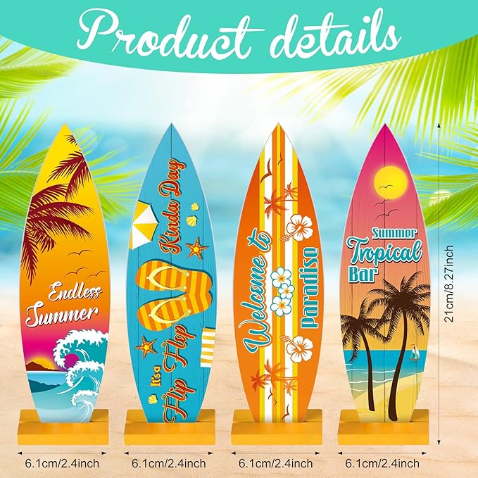 Blulu 4 Pcs Surfboard Decorations for Party Surfboard Beach Signs Welcome to Paradise Sign Tropical Bar Table Centerpieces Endless Summer Wood Decor Flip Flop Letters for Home Decor(Tropical Style)