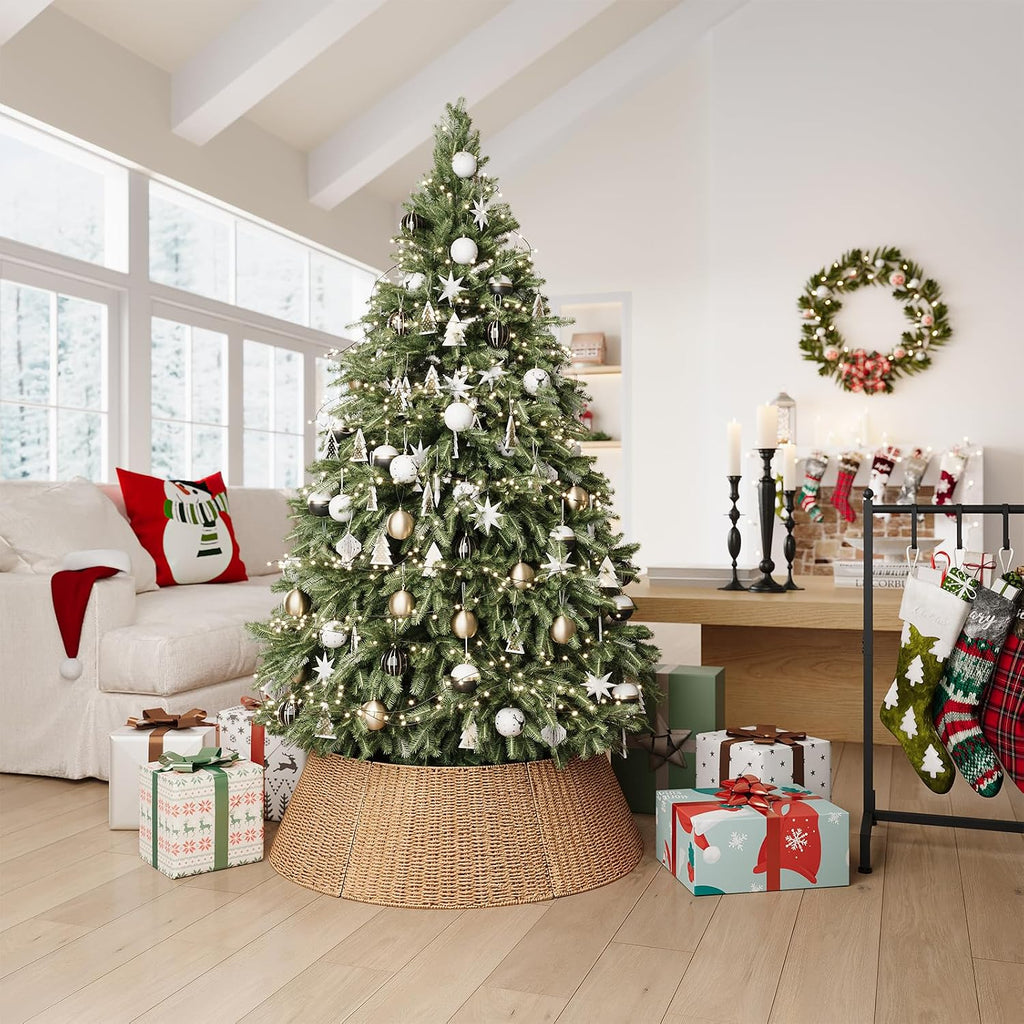 ELYKEN Christmas Tree Collar, 33 Inch Rustic Xmas Tree Basket for Artificial Trees, Paper Rope Woven Tree Skirt Ring, Tree Base Cover with Cord Cut-Out, Farmhouse Pencil Tree Collar for Home Decor