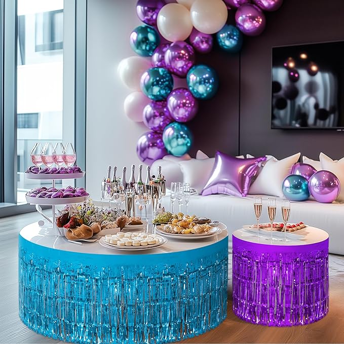 2 Pack Lake Blue Dark Purple Table Skirts, 29x108" Metallic Foil Tinsel Fringe Table Skirt for Rectangle Tables Streamer Curtains Backdrop, Party Decorations for Birthdays, Weddings, Holidays