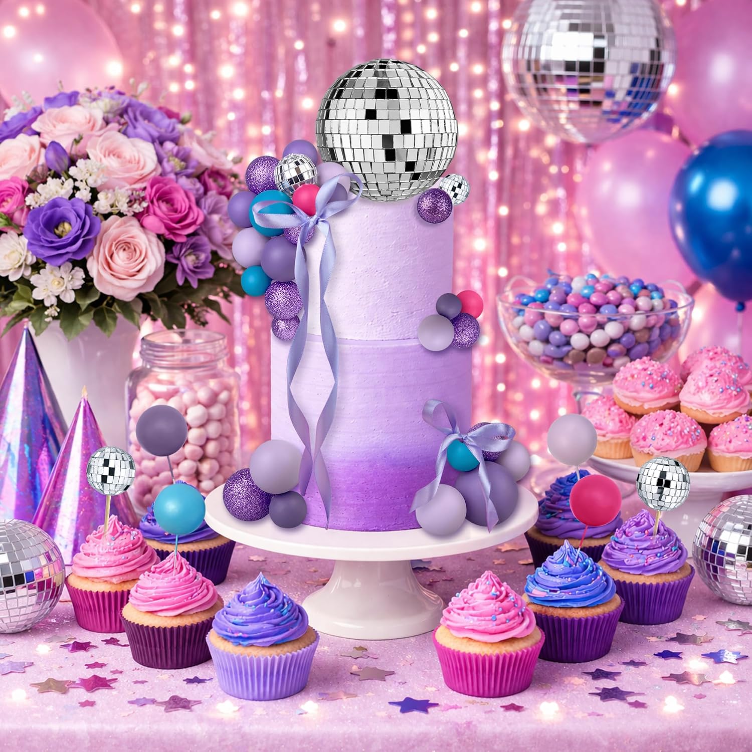 32 PCS Disco Purple Pink Blue Ball Cake Topper for Wedding Birthday Baby Shower Party Cake Decoration Supplies
