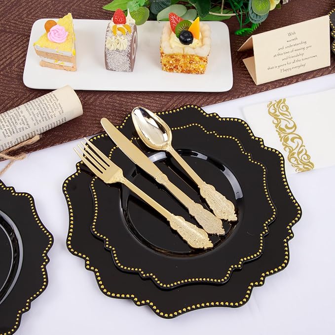 COLOSUS 175PCS Black Dinnerware set with Disposable Silverware for 25guests, Include 50 Dinner Plates 10.25”, 50 Dessert Plates 8.5”, 50 Cups 9 OZ, 50 Napkins,50 Plastic Silverware for Halloween Party