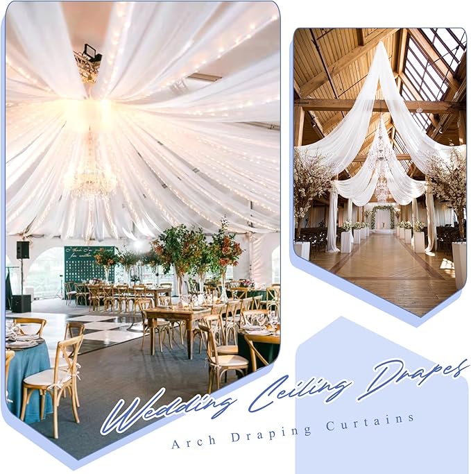 4 Panels White Ceiling Drapes for Wedding 5ftx30ft Sheer Drapery Chiffon Fabric Arch Draping Curtains for Party Ceremony Birthday Baby Shower Reception Stage Ceiling Decorations