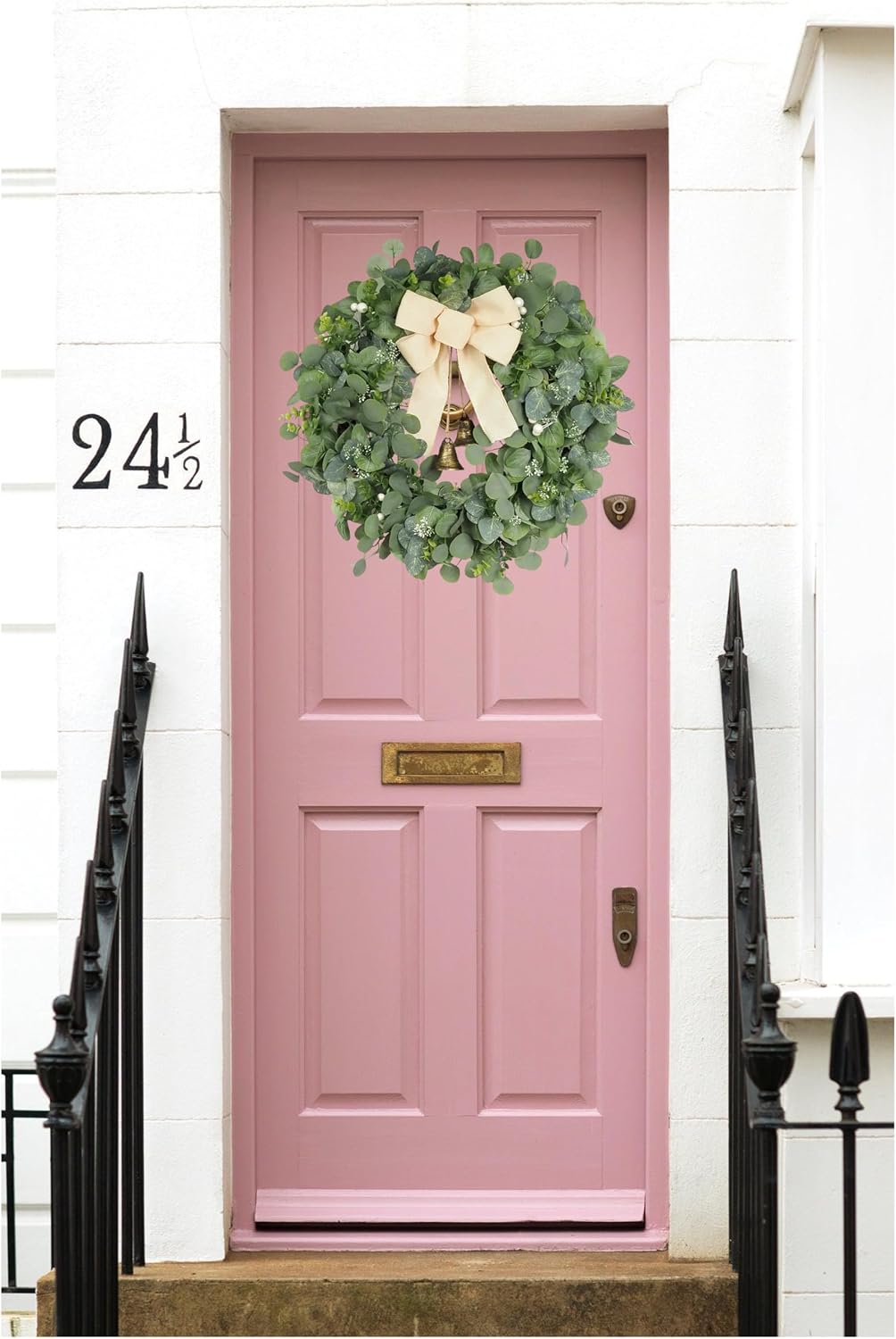 28 inch eucalyptus wreath with bells & bow, package contents