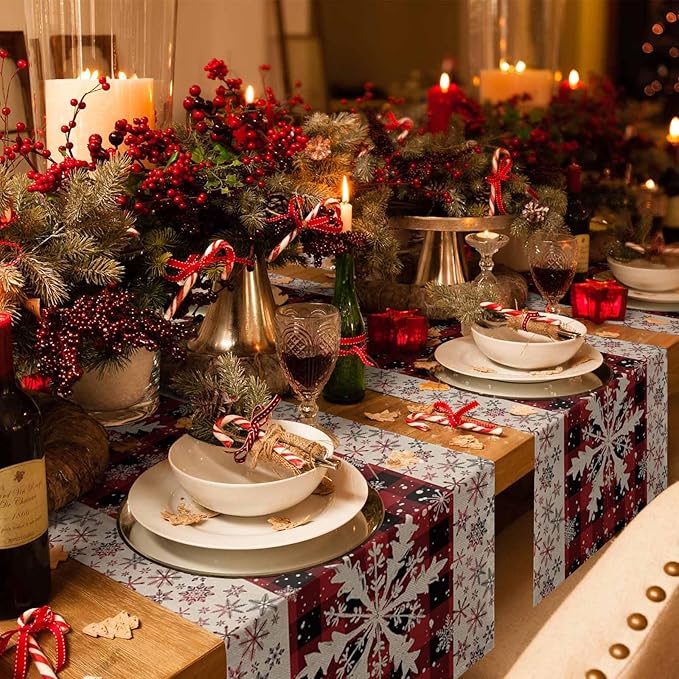 Buffalo Plaid Christmas Cotton Linen Table Runner for Dining Kitchen, Snowflake Red Black Check Wedding Outdoor Party Tablerunner Decoration, Retro Dresser Scarf Coffee Tablecloth Runners 13x48 Inches
