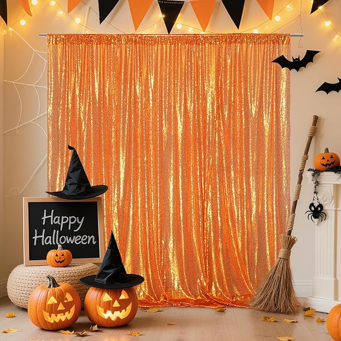 Poise3EHome 6FT x 8FT Orange Sequin Photography Backdrop Curtain for Halloween Party Decoration