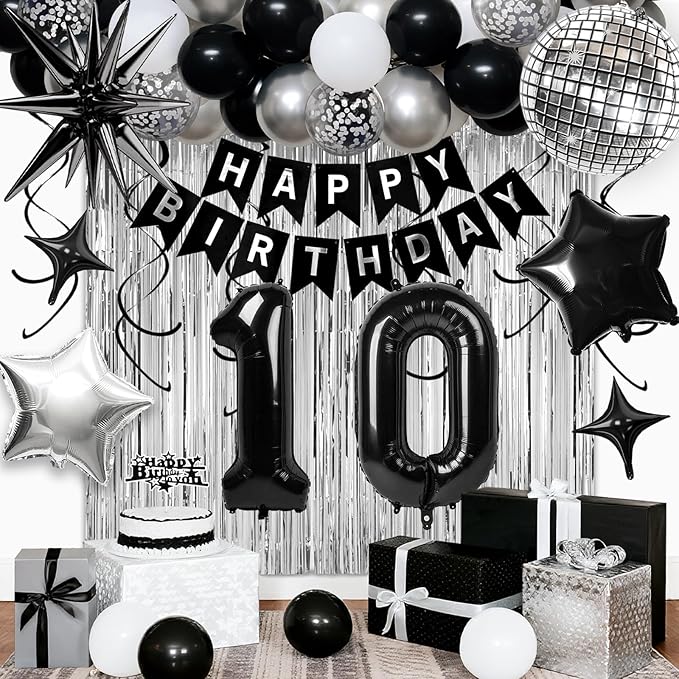 10th Birthday Decorations for Boys Girls, Black Silver Happy Birthday Party Decorations， 10 Year Old Party Supplies with Number 10 Balloons, Banner, Fringe Curtains Kit