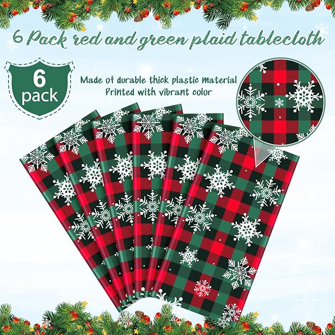 6Pcs Christmas Buffalo Plaid Snowflake Party Tablecloths Decorations,Plastic Red and Green Checkered Rectangle Table Cover for Winter Christmas New Year Birthday Holiday Party Decorations,54x108 inch