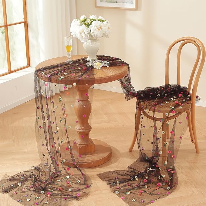 Black Embroidery Daisy Fall Table Runner 120Inch 10FT Florals Soft Sheer Tulle Fabric Table Runner for Home Decor, Brithday, Wedding, Baby Shower ,Holiday ,Parties, DIY Craft,3PC