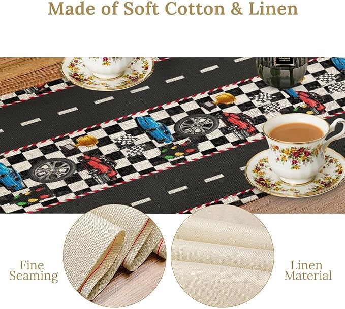 Race Car Table Runner,Checkered Flag Black and White Race Cars Pattern Print Tablecloth Burlap for Hotel Indoors Outdoor Dining Room Kitchen Home Decor,W13X L80 in