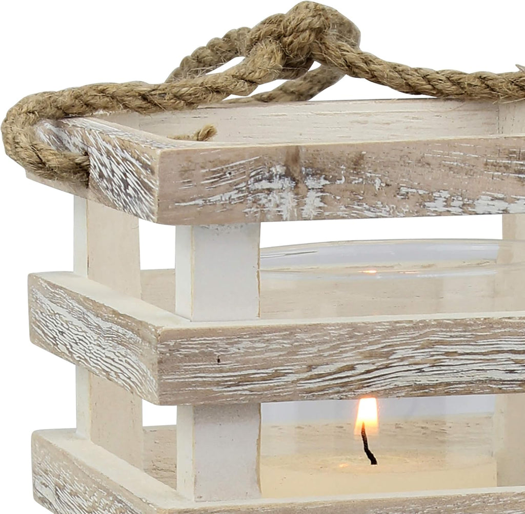 Stonebriar Small Worn White Wooden Beach House Candle Lantern with Rope Handle and Removable Glass Cylinder Hurricane (Pack of 2)