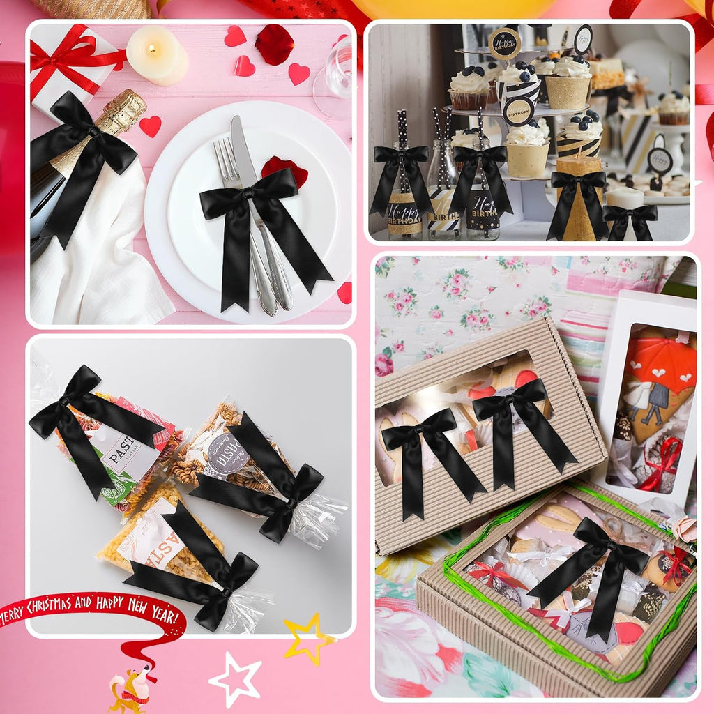 Riceshoot 24 Pcs Black Satin Ribbon Bows 5x7'' Self Adhesive Stick on 1.57 Inch Wide Premade Satin Bows with Double Sided Tape for Gift Wrapping Balloons Crafts Wedding Birthday
