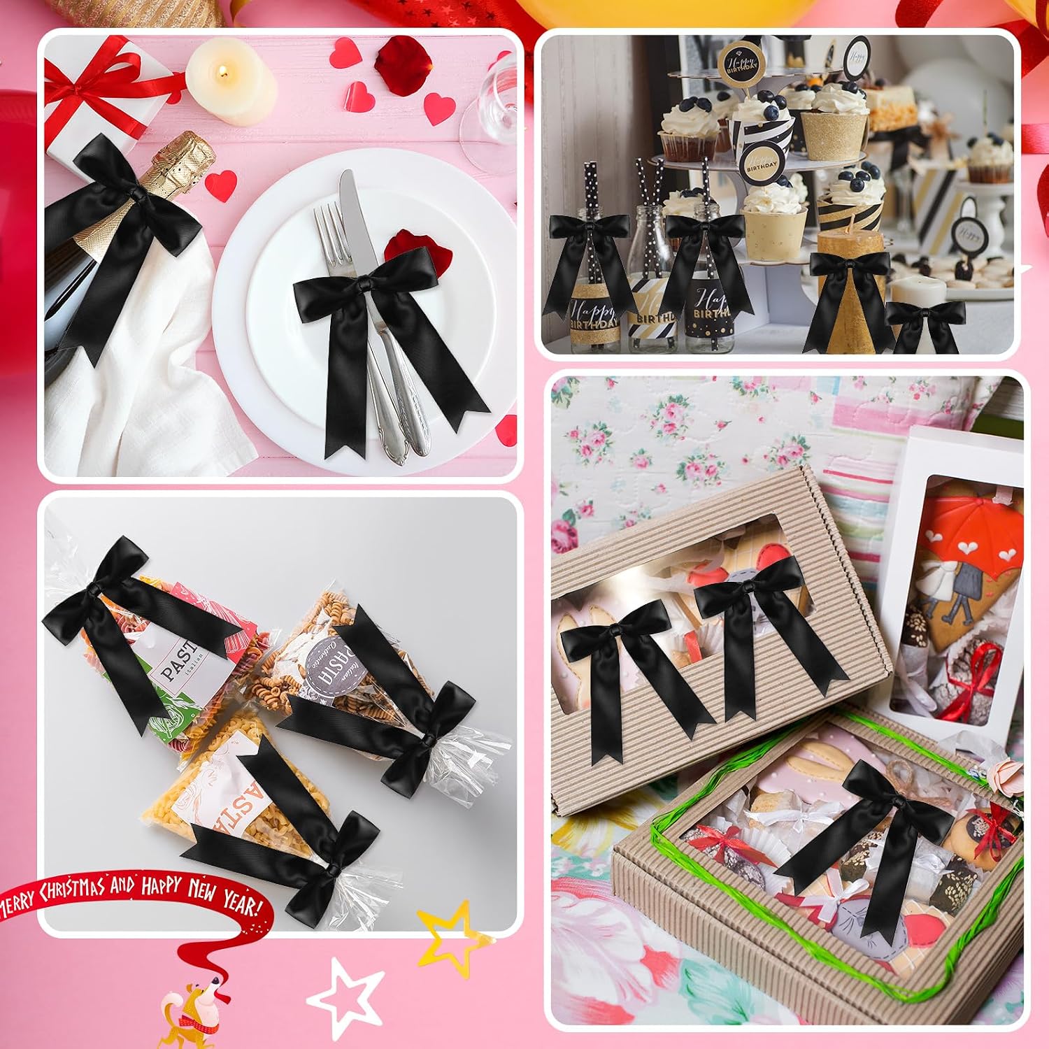 Riceshoot 24 Pcs Black Satin Ribbon Bows 5x7'' Self Adhesive Stick on 1.57 Inch Wide Premade Satin Bows with Double Sided Tape for Gift Wrapping Balloons Crafts Wedding Birthday