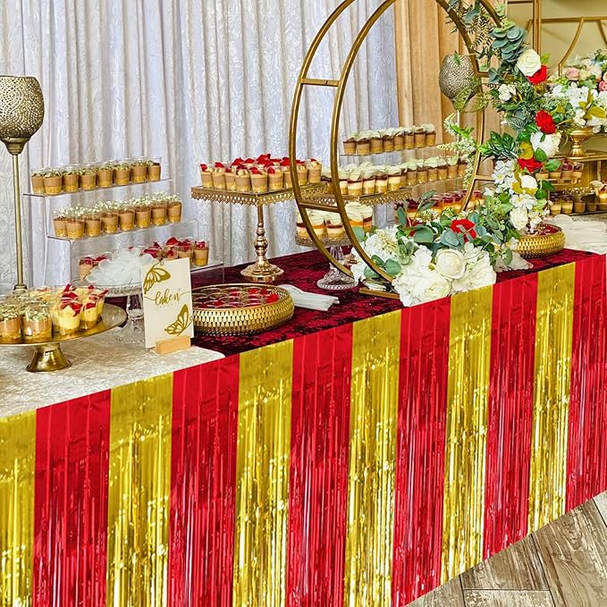 BEISHIDA 2 Pack Red Gold Table Skirts Party Decorations Metallic Tinsel Foil Fringe Decors for Rectangle and Round Table Birthday Chinese New Years Holiday Graduation Congrats 2026 Party