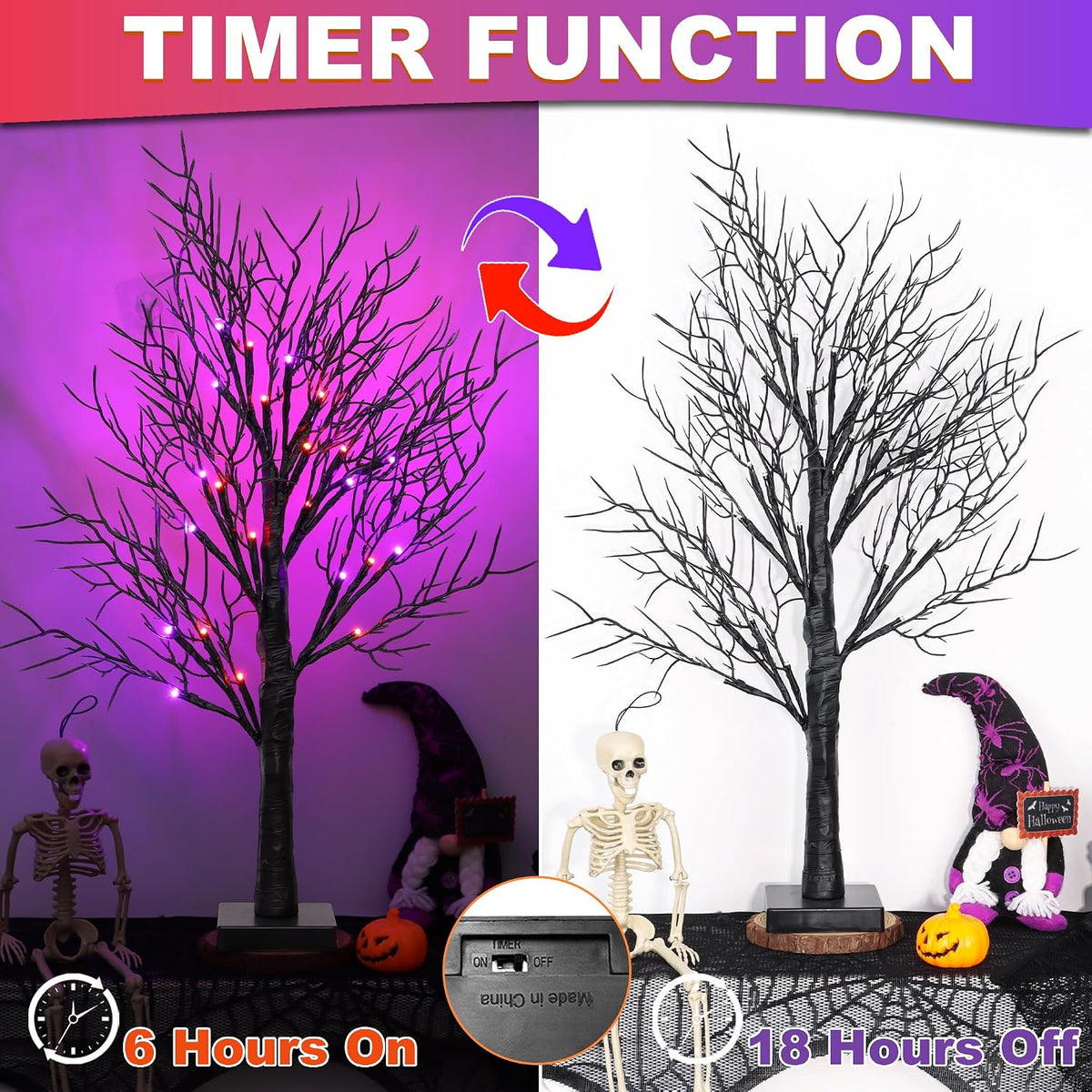 [Timer] 2 Pack Halloween Decorations Indoor, 24 Inch Lighted Black Halloween ...
