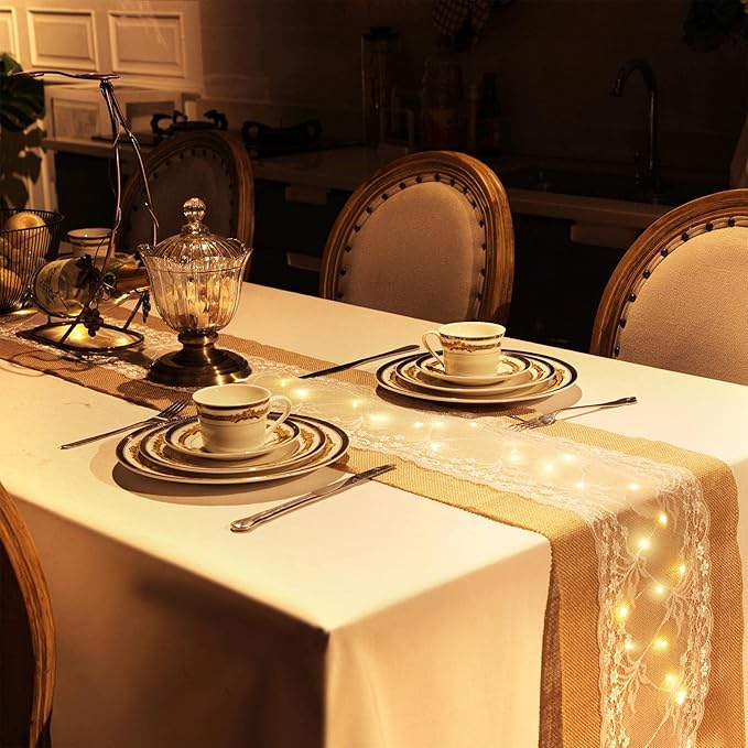 Xinnun 12 Pcs Burlap Table Runner with Lights 12 x 108 Inches Burlap Lace Table Runner Rustic Wedding Decorations Home Party (Vine)