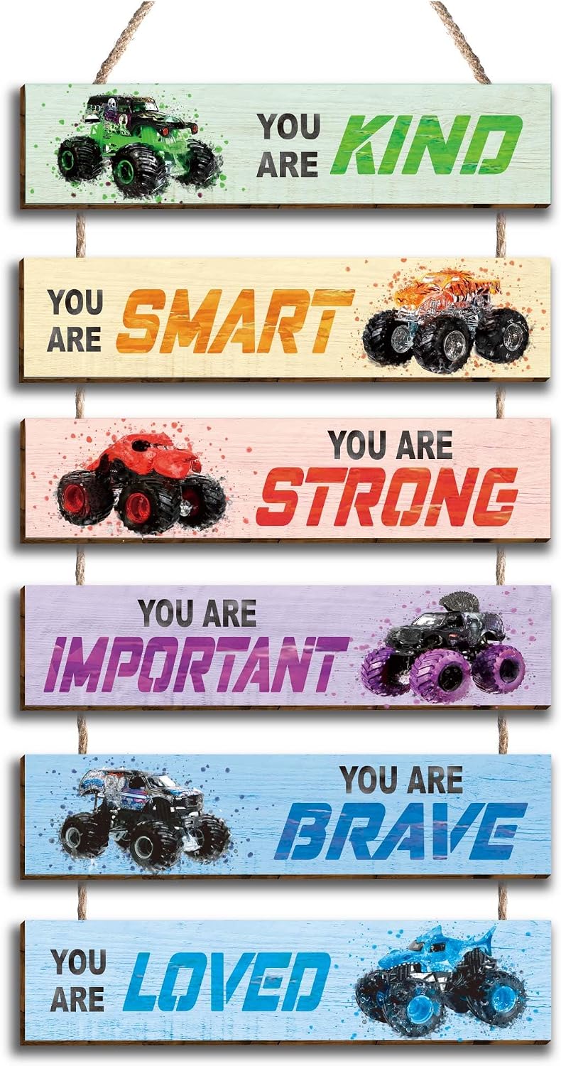 6 Pcs Racing Car Decor Kids Room Decor, Racing Car Inspirational Positive Quotes Wall Art Decor Hanging Sign for Teens Bedroom, Works of Art Made of Wood, Works of Art of Wood, Placards of Woods