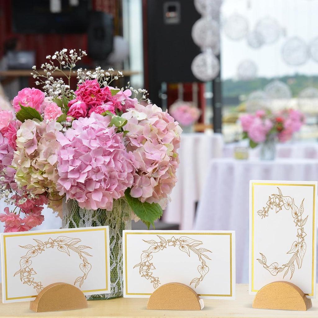 Colingmill 24 Pcs Wooden Table Number Stands Wedding Table Name Holder Semicircular Design Place Card Holders with 24 Pcs Tented Cards for Retail Shop Wedding Party Events Decoration(Gold)