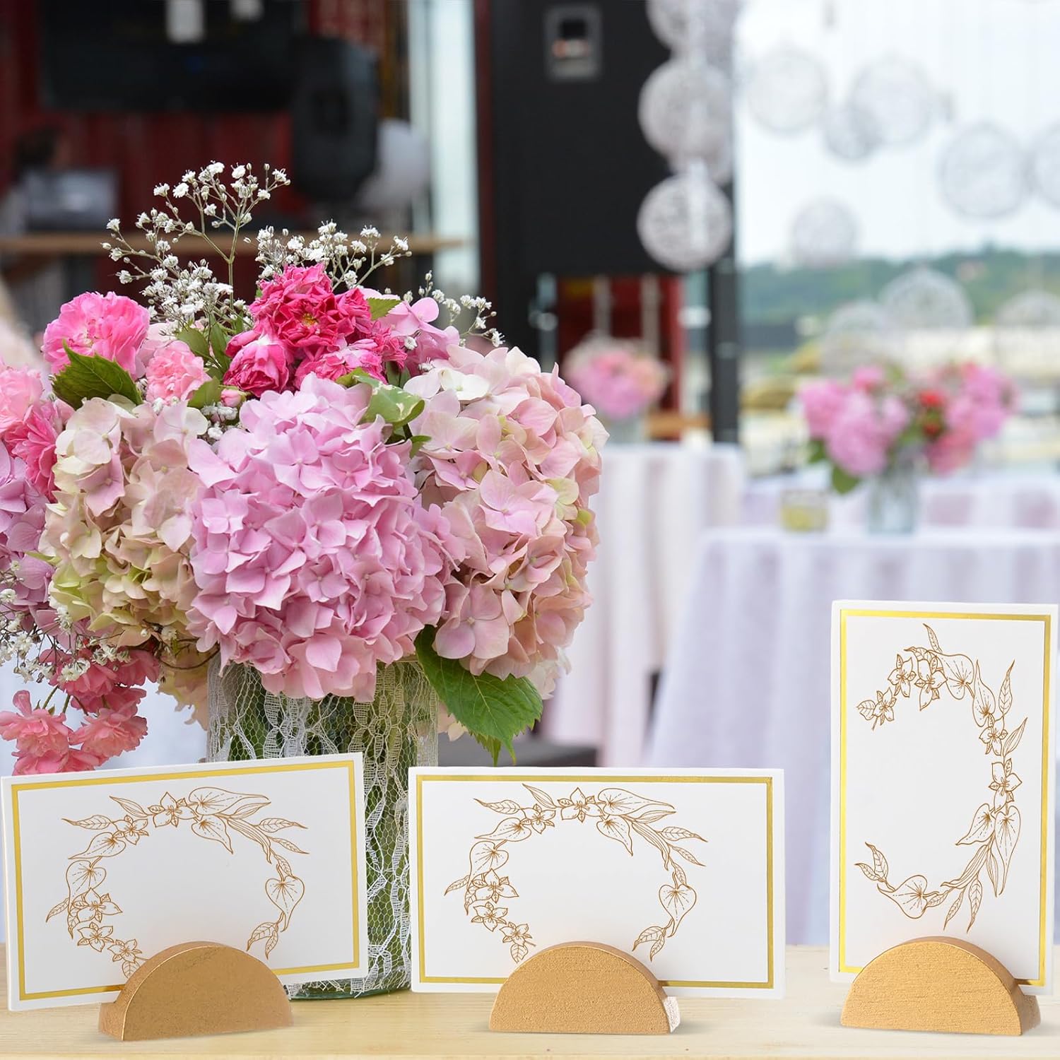 Colingmill 24 Pcs Wooden Table Number Stands Wedding Table Name Holder Semicircular Design Place Card Holders with 24 Pcs Tented Cards for Retail Shop Wedding Party Events Decoration(Gold)